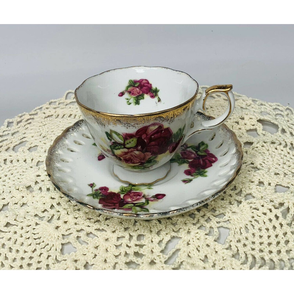 Ucago Japan Vintage Porcelain Tea Cup & Saucer Painted Pink Floral W/Gold Trim